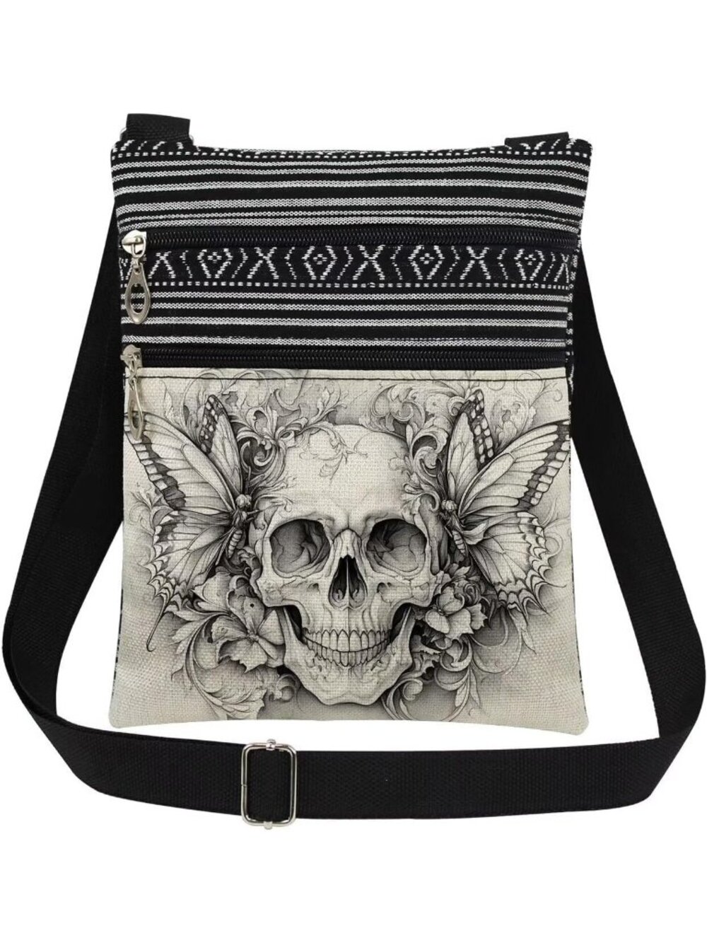 Womens Black Silver Halloween Skull Pouch Adjustable Strap Crossbody Zipper Bag